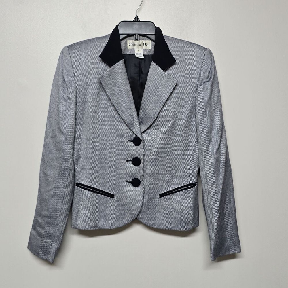 Christian Dior Womens Navy Blue‎ Herringbone Blazer Sz 2 Elegant Academia Office